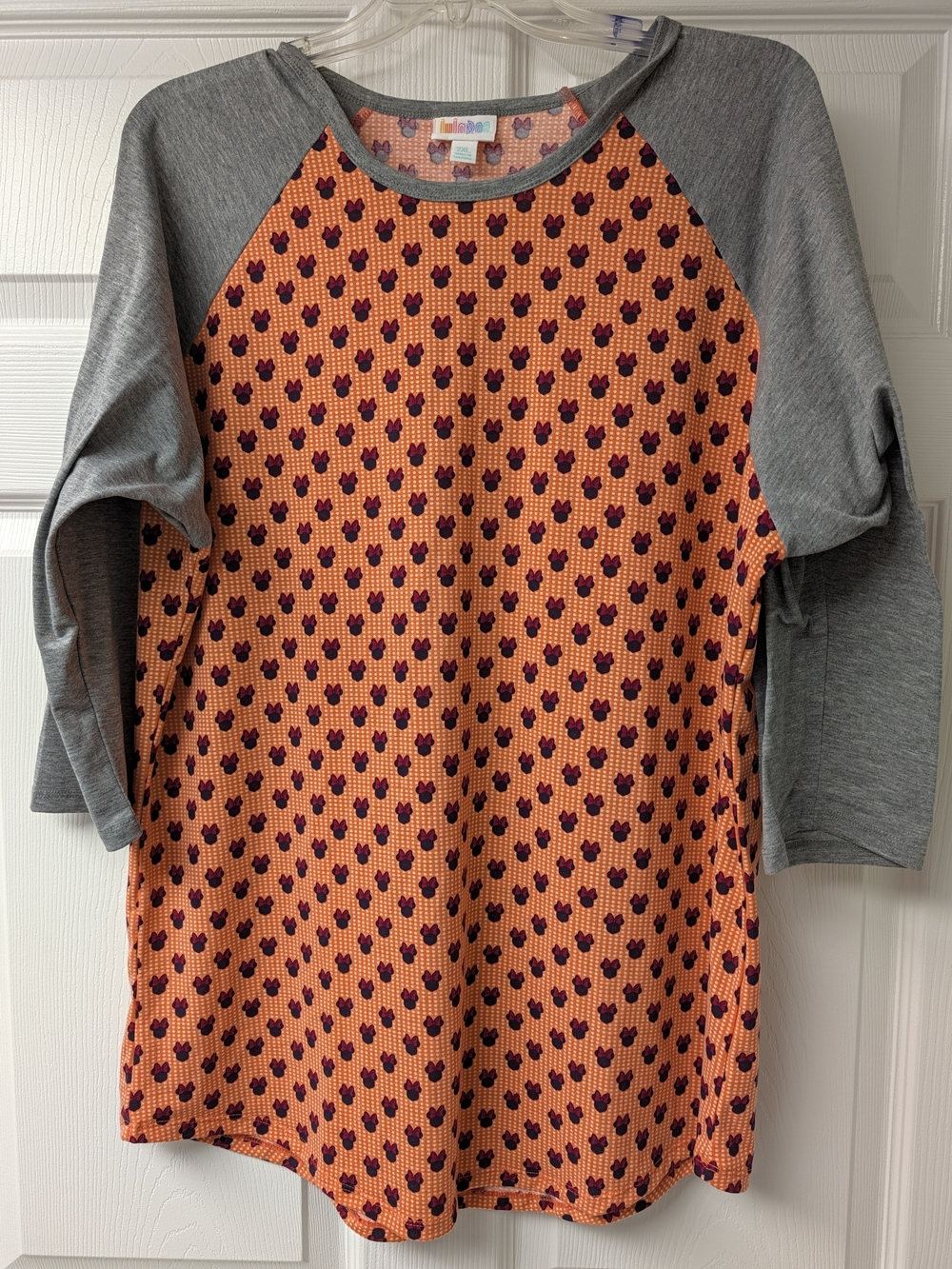 LuLaRoe Orange-ish Front with Gray Raglan Sleeves Minnie Top